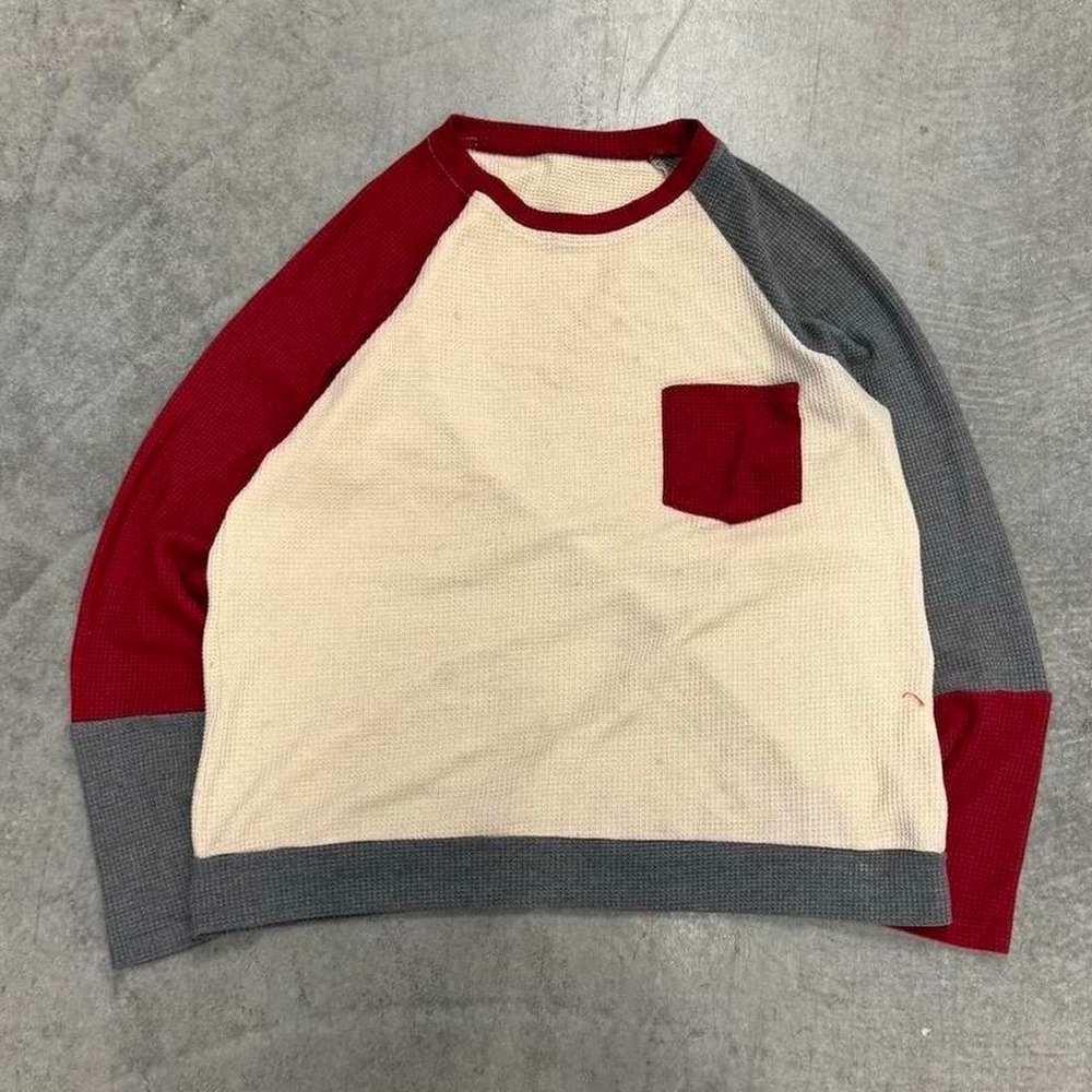 Waffle Knit Thermal Colorblock Layering Long Sleeve Cream Red Gray Medium